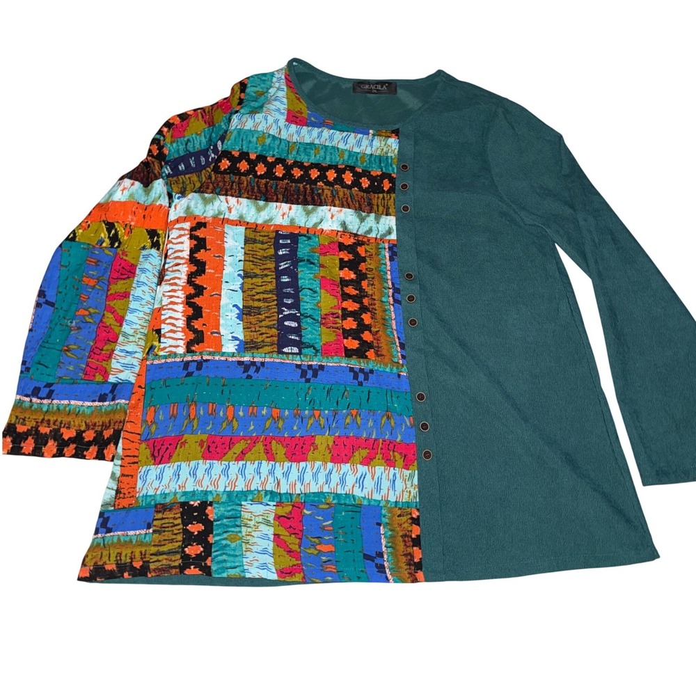 Gracila 2XL Teal Patchwork Sleeve Long Sleeve Button Front‎ Shirt Women